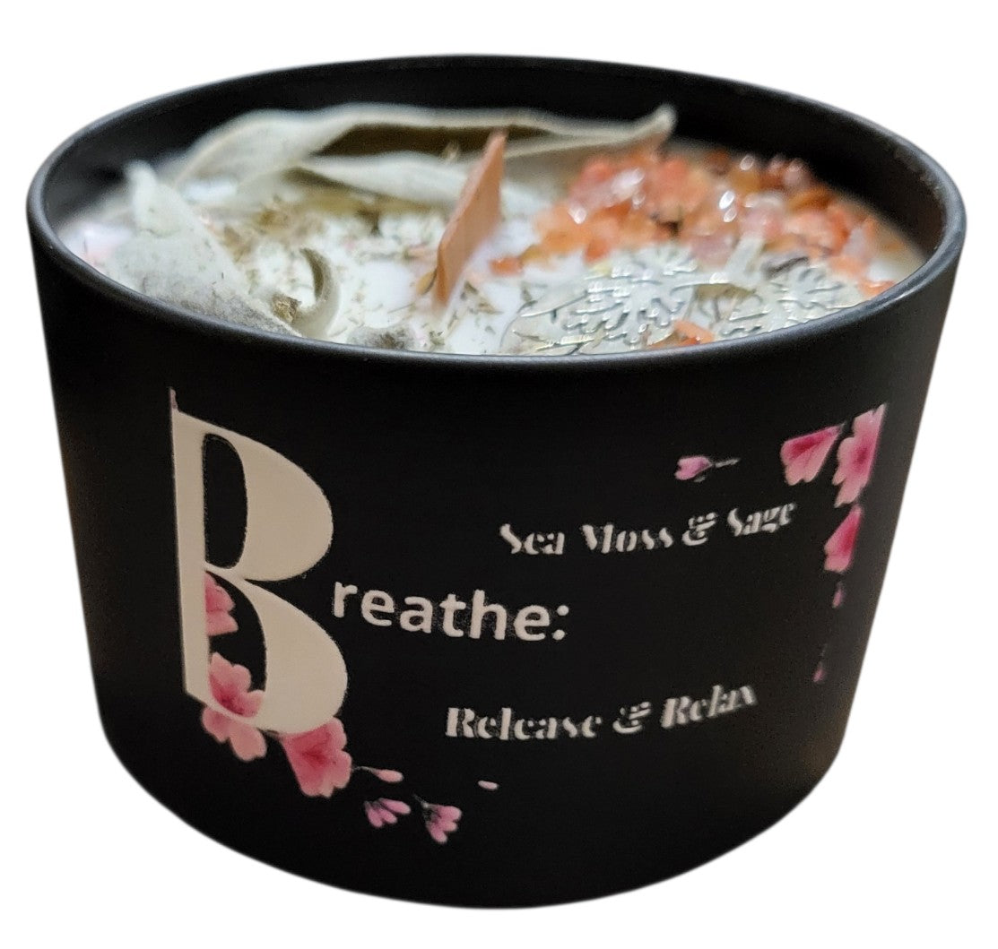 Breathe – Release & Relax Meditation Candle Rituals | Sea Moss & Sage | Red Agate | 8oz Soy Candle by Wicc It