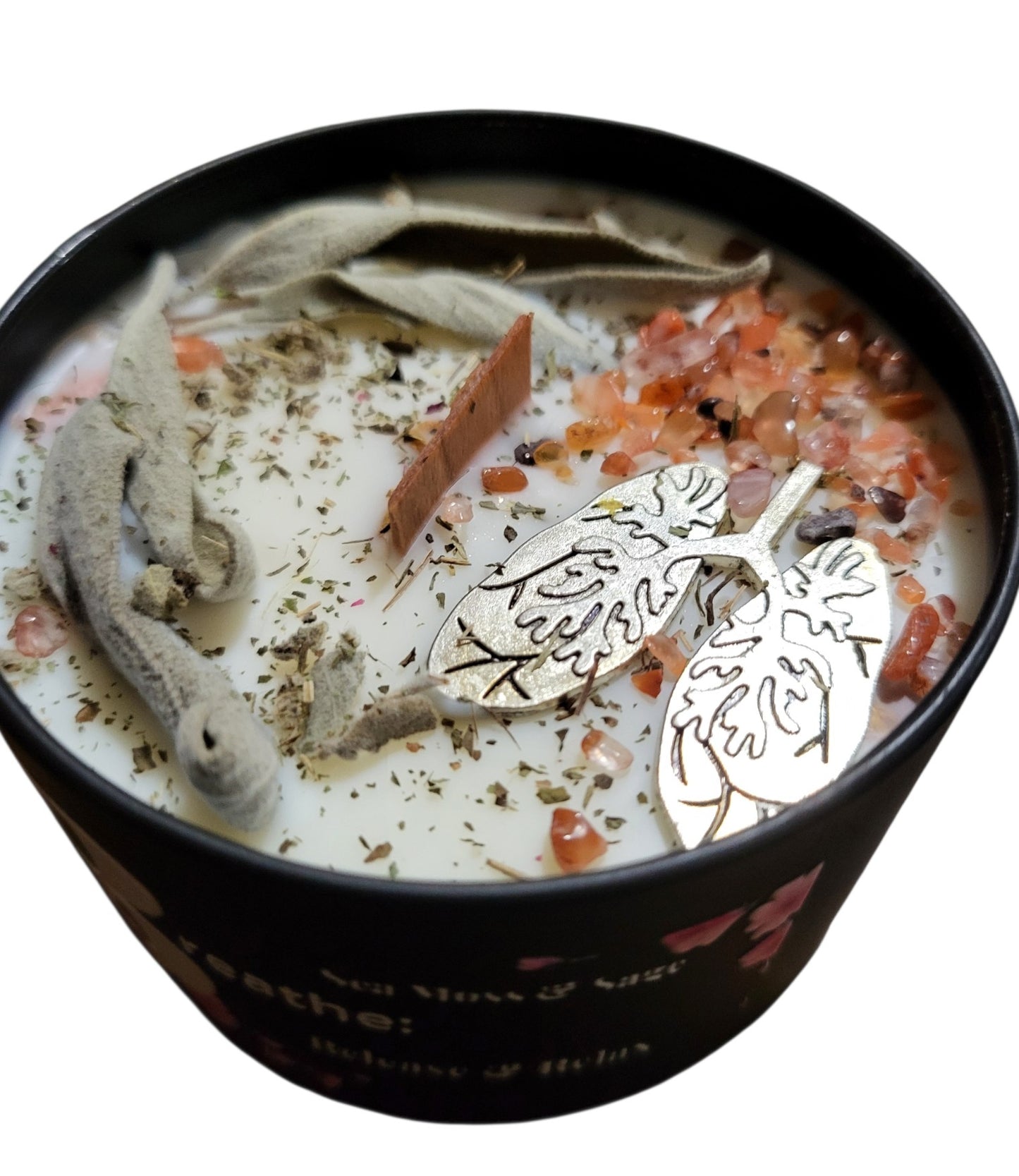 Breathe – Release & Relax Meditation Candle Rituals | Sea Moss & Sage | Red Agate | 8oz Soy Candle by Wicc It